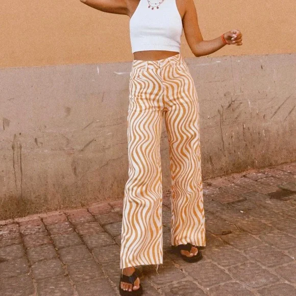 Zara wide leg jeans wavy swirls print blogger tiktok jeans lisa says gah paloma - Picture 3 of 9